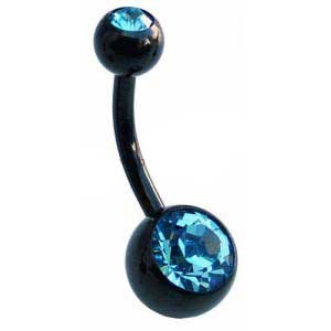 Black Steel Belly Bar - Light Blue Jewels